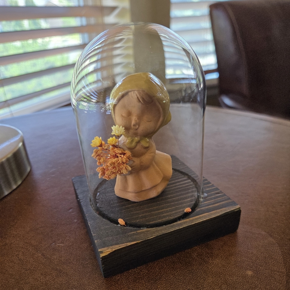 70's Looking Sweet Girl With Dried Flowers Under Glass Ceramic/Terra Cotta?